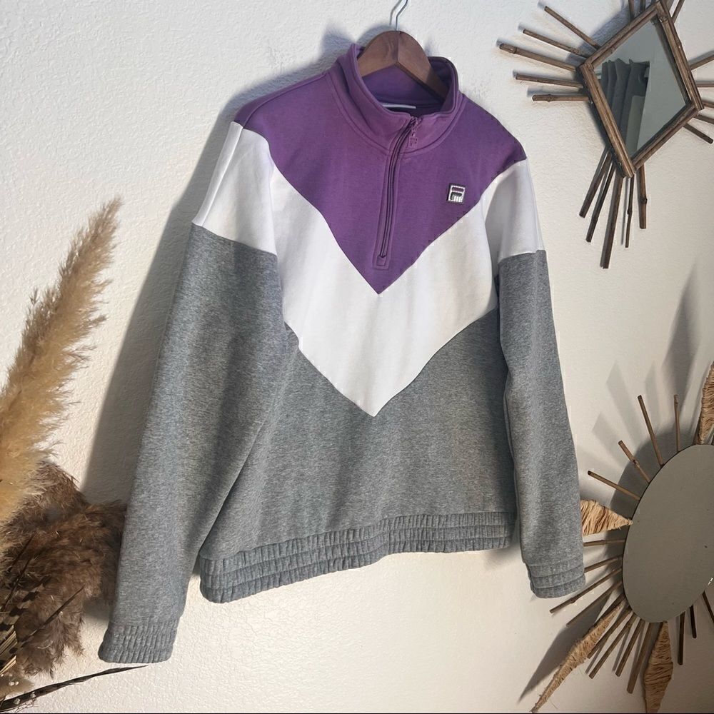 FILA Womens 1/4 Zip Pullover Color block chevron Pattern Lavender White Gray XL - Picture 6 of 11